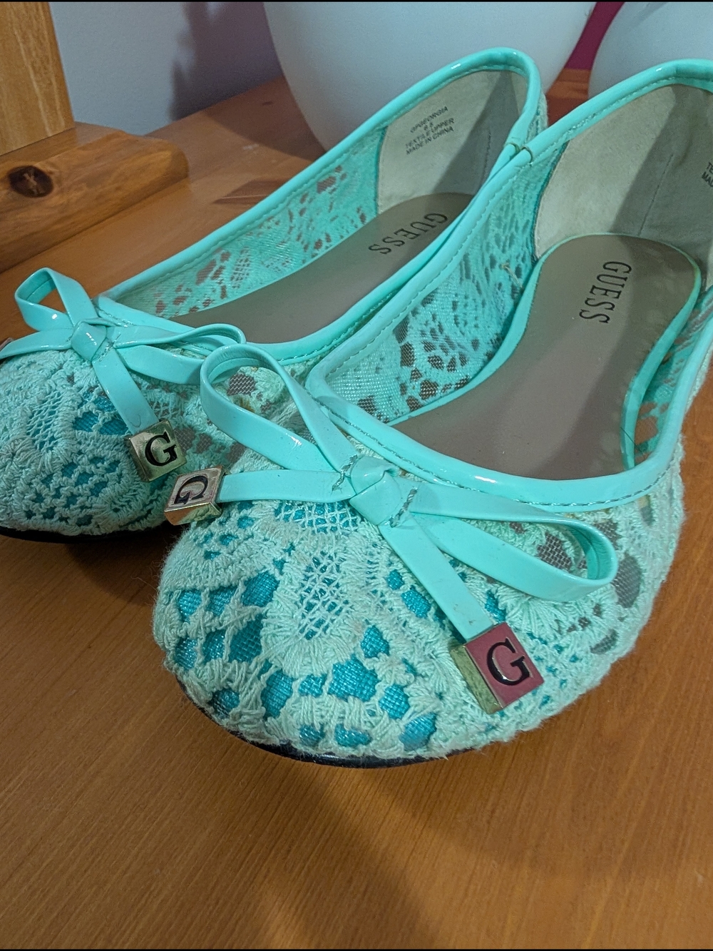 GUESS Mint Green Crochet Bow Ballet Flats